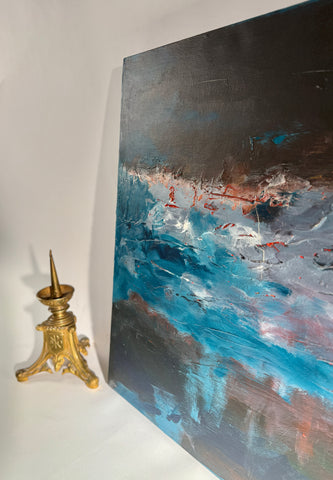 Set x2 Original Abstract Landscape Paintings – Moody Teal/Blue Textured Canvas Art, Stormy Horizons