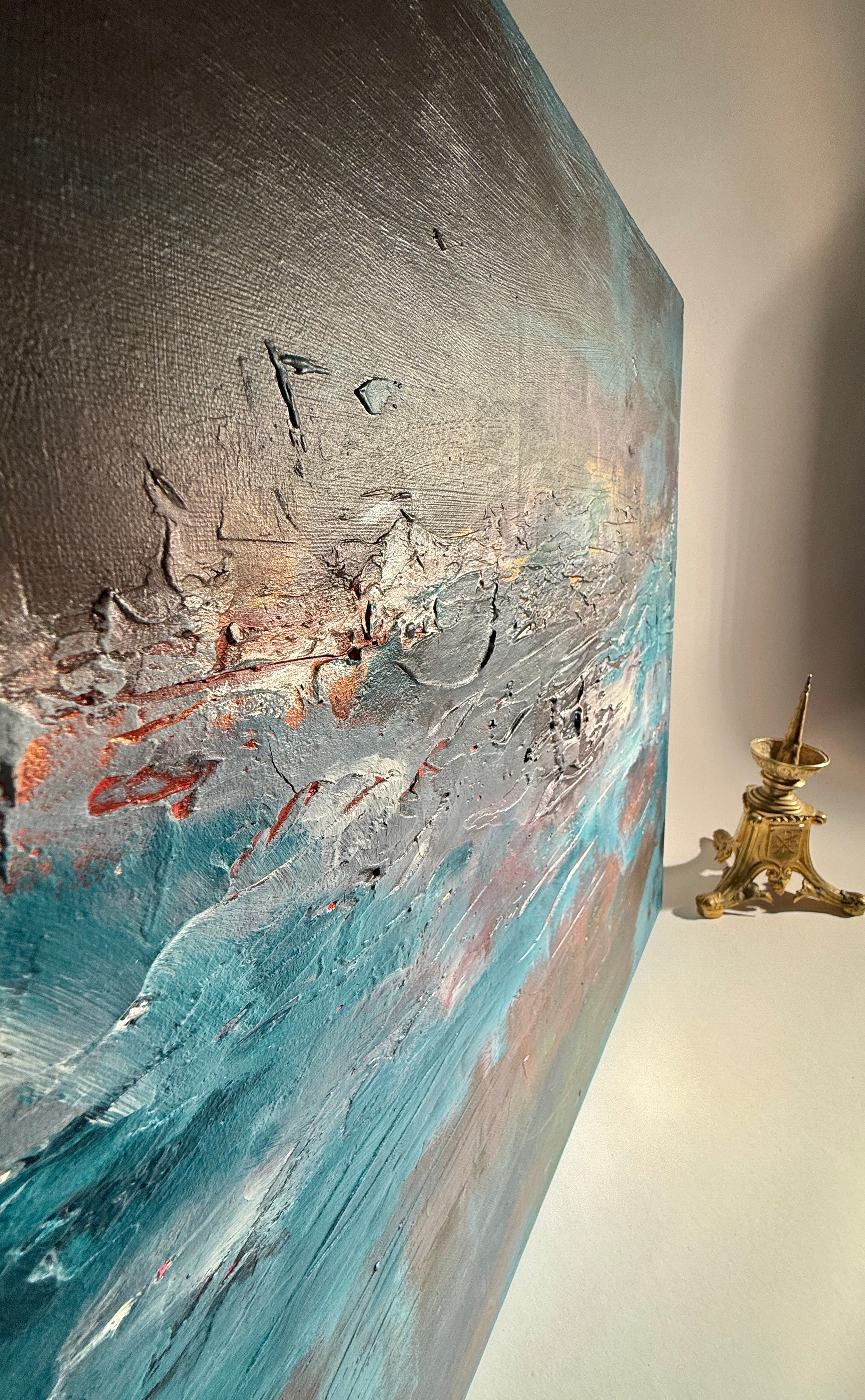 Set x2 Original Abstract Landscape Paintings – Moody Teal/Blue Textured Canvas Art, Stormy Horizons