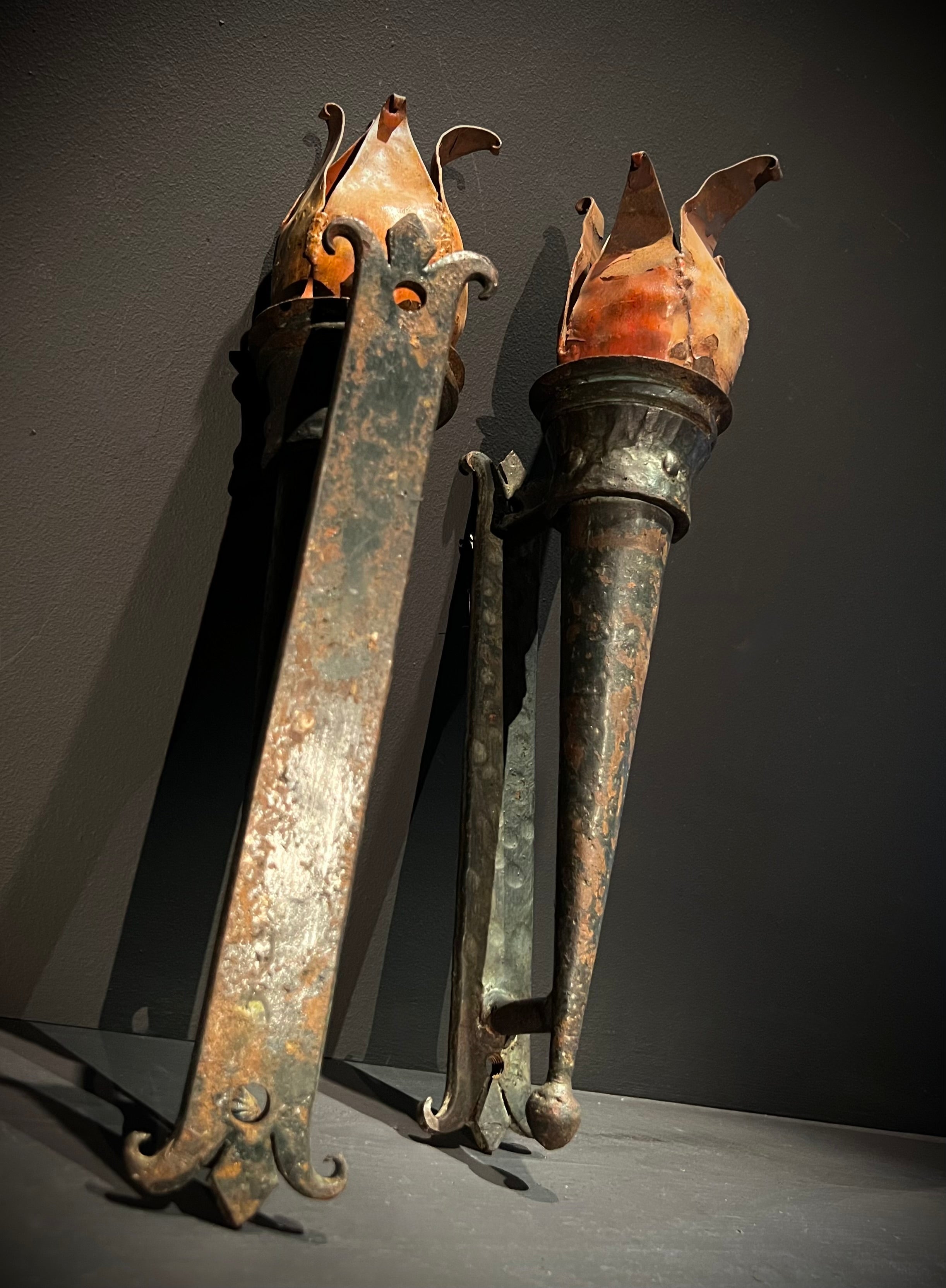 Pair of Large Weighty Antique Iron Wall Sconces | Torchere -Style  | Large