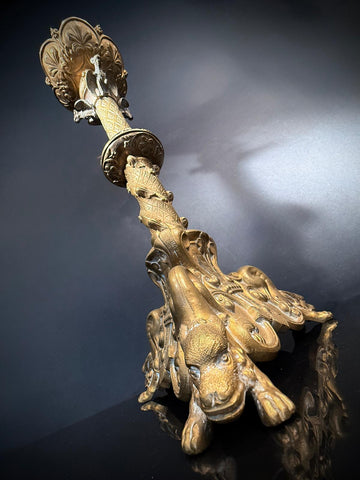 Antique Gothic Baroque Brass Table Lamp – Ornate Gilt Candlestick Lamp with Gargoyles, Dragons, Faux Wax Candle Tube – 67cm – Bayonet Bulb