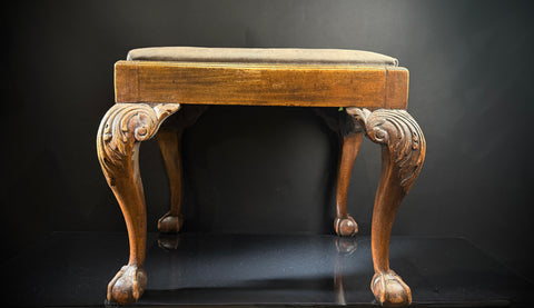 Elegant Antique Stool  |  Grey Leather Upholstery
