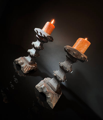 Pair Vintage Brutalist Candle Holders - Wood & Square Nail Candlesticks