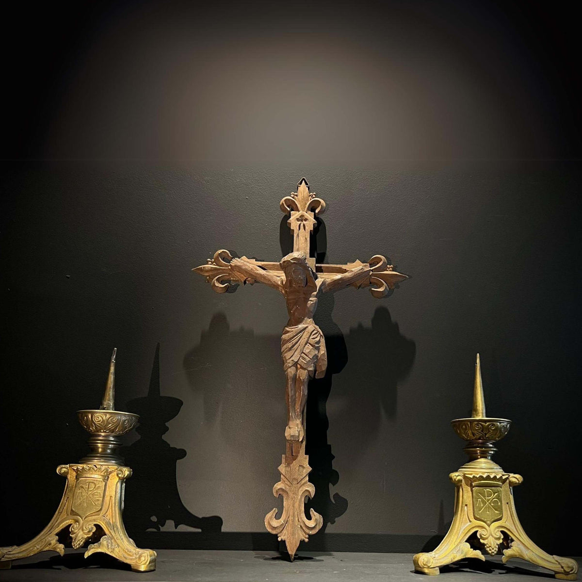 French Vintage Hand carved Wood Church/Alter Crucifix with Fleur de lys and Quatrefoil Detail.