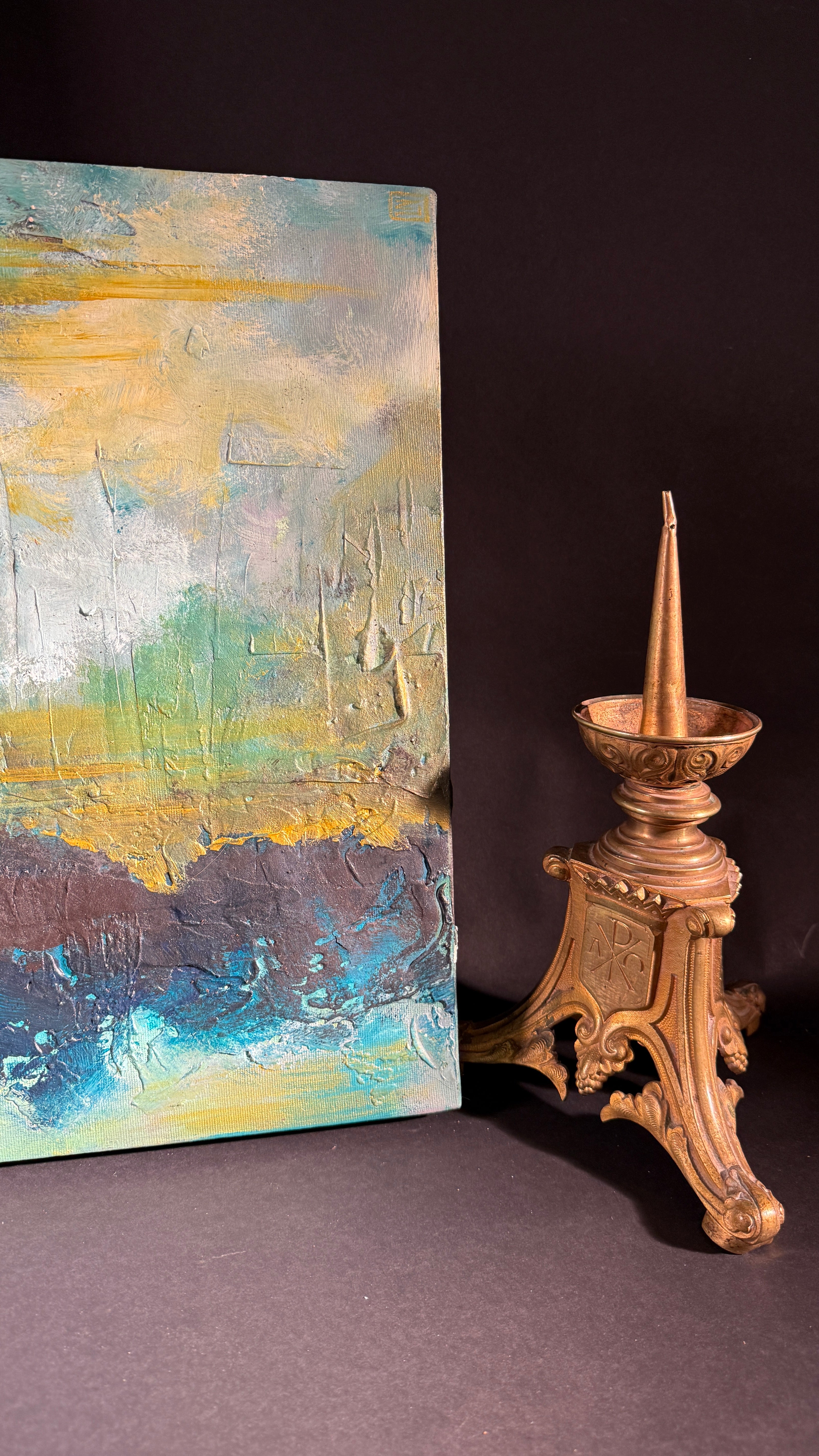 Set x2 Original Abstract Landscape Paintings – Moody Teal/Blue Textured Canvas Art, Stormy Horizons