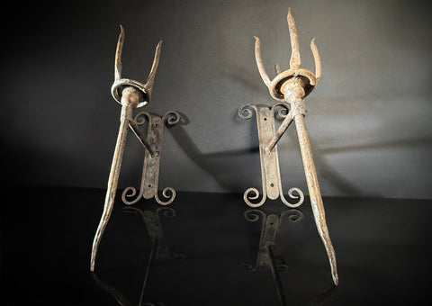 Unusual Pair of Wrought Iron Candle Torchere Sconces  |  Medieval Style  |  Hand-Forged