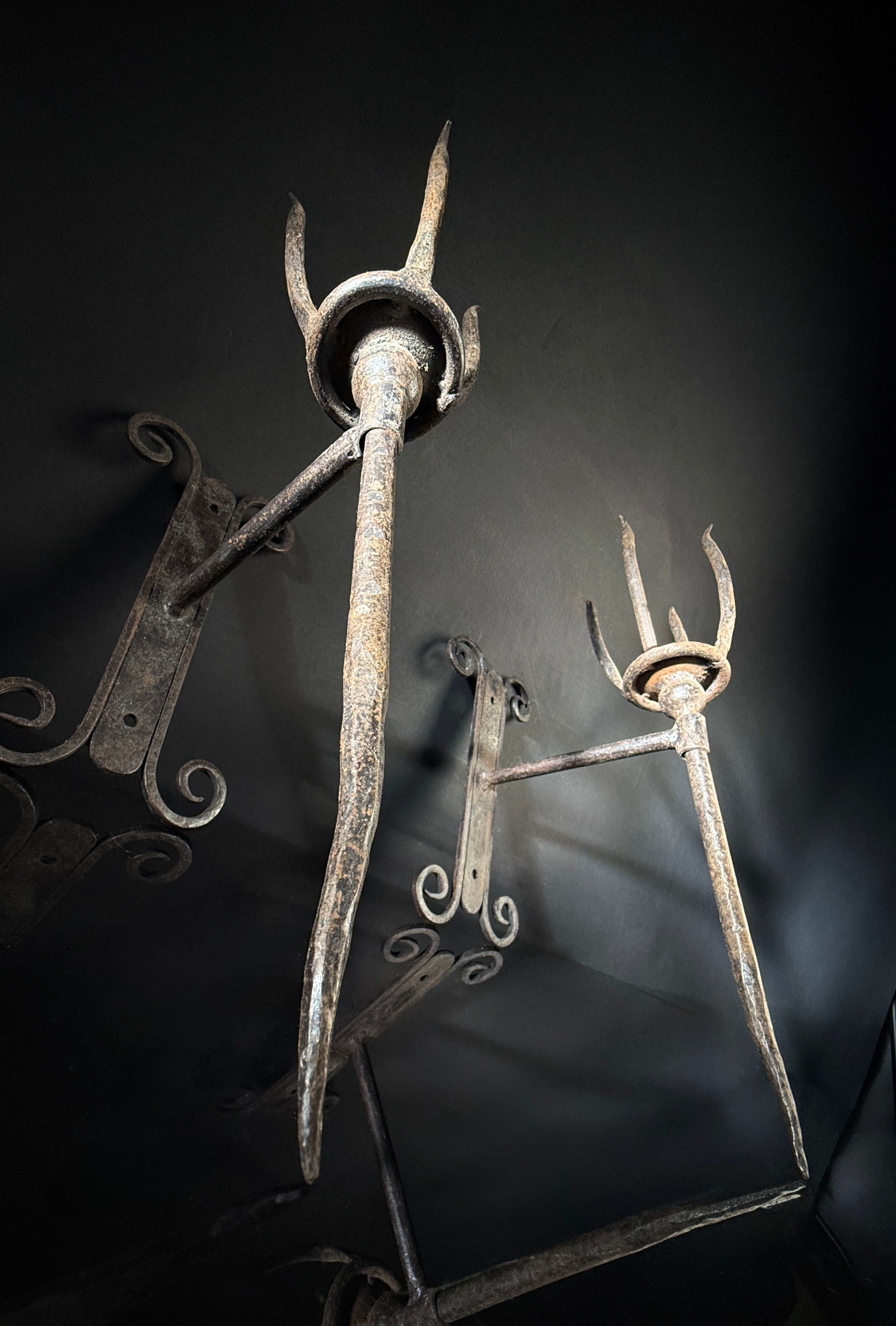 Unusual Pair of Wrought Iron Candle Torchere Sconces  |  Medieval Style  |  Hand-Forged