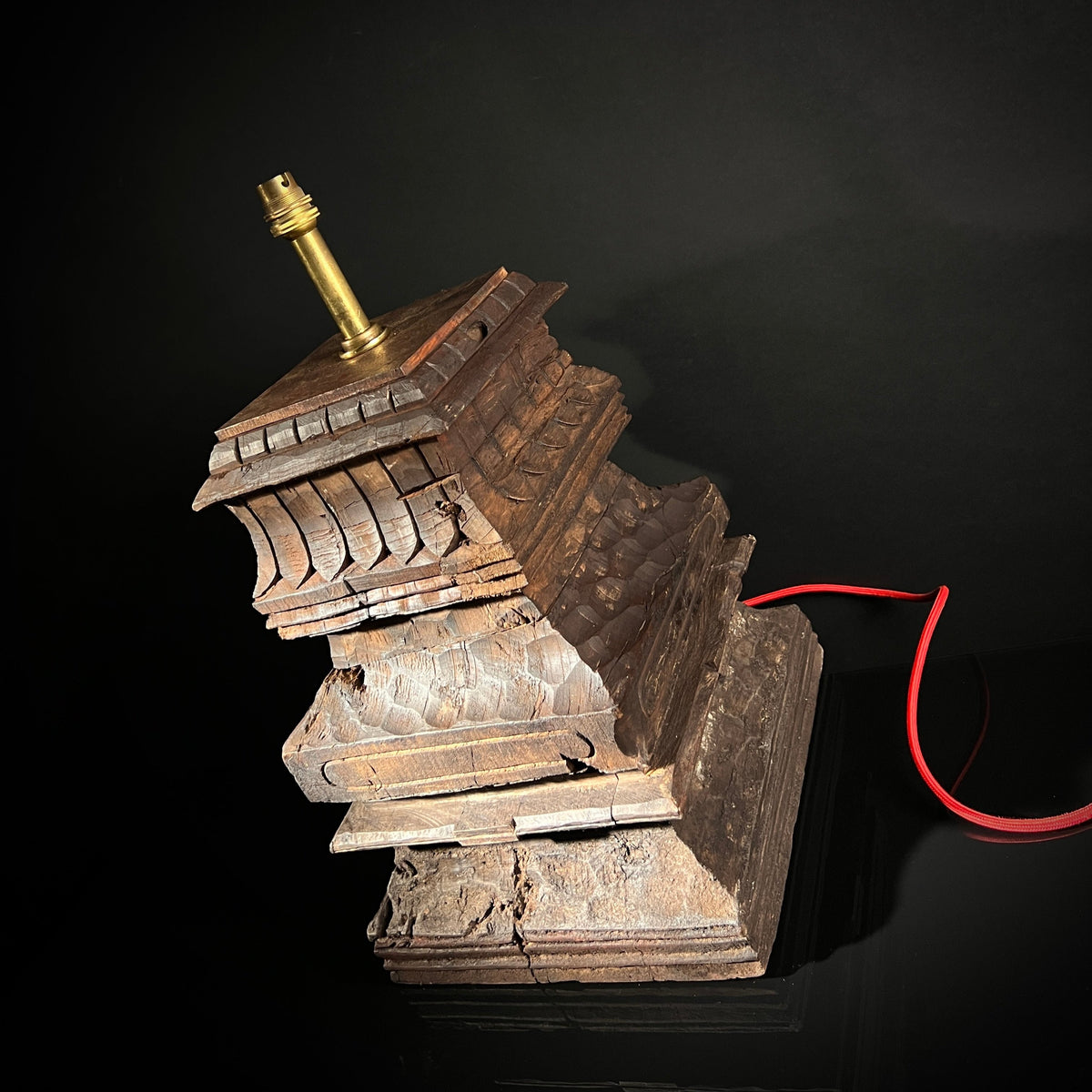 Large Antique Table Lamp - Carved Wood South Indian Temple Architecture