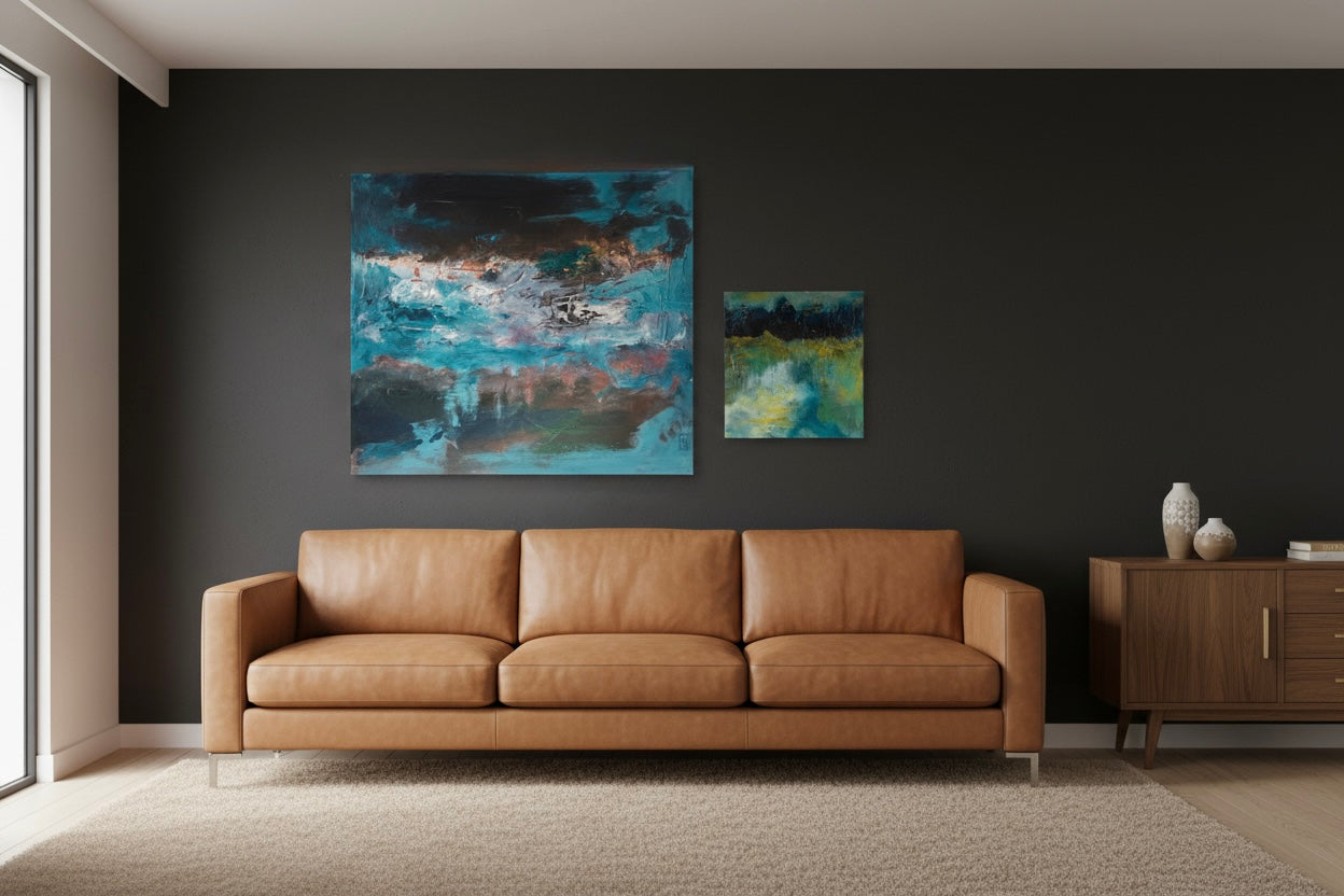 Set x2 Original Abstract Landscape Paintings – Moody Teal/Blue Textured Canvas Art, Stormy Horizons