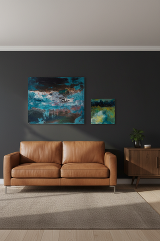 Set x2 Original Abstract Landscape Paintings – Moody Teal/Blue Textured Canvas Art, Stormy Horizons