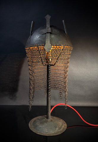 Persian Kulah Khud Helmet Table Lamp – Chainmail Steel Stand, Push-In Bulb Decorative Rajput Style Light