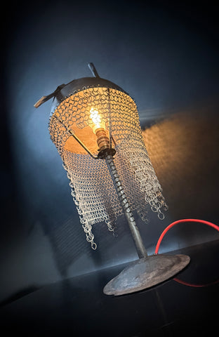 Persian Kulah Khud Helmet Table Lamp – Chainmail Steel Stand, Push-In Bulb Decorative Rajput Style Light
