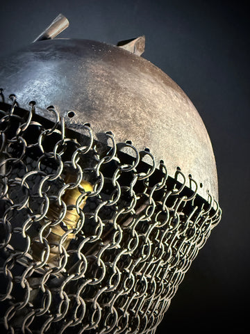Persian Kulah Khud Helmet Table Lamp – Chainmail Steel Stand, Push-In Bulb Decorative Rajput Style Light