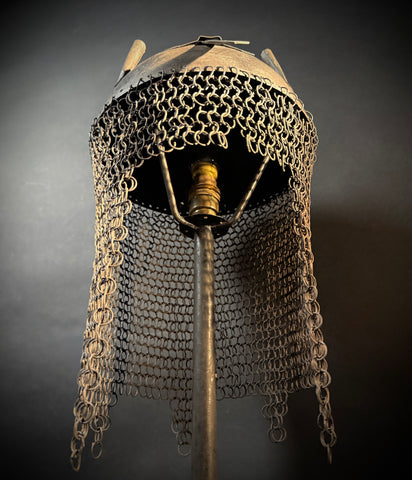 Persian Kulah Khud Helmet Table Lamp – Chainmail Steel Stand, Push-In Bulb Decorative Rajput Style Light