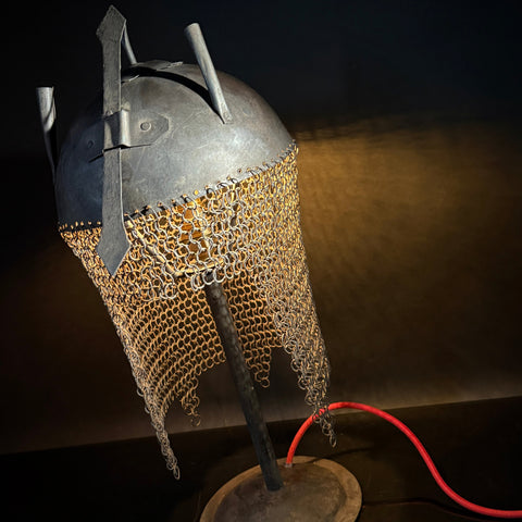 Persian Kulah Khud Helmet Table Lamp – Chainmail Steel Stand, Push-In Bulb Decorative Rajput Style Light