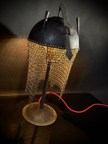 Persian Kulah Khud Helmet Table Lamp – Chainmail Steel Stand, Push-In Bulb Decorative Rajput Style Light