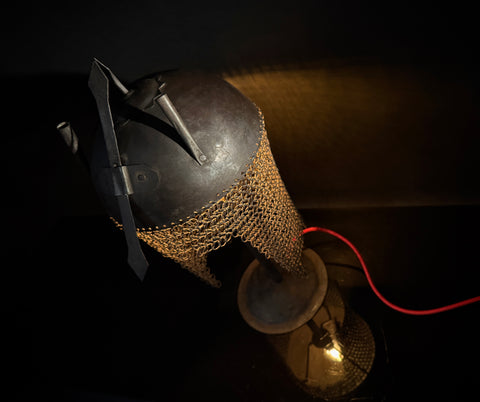 Persian Kulah Khud Helmet Table Lamp – Chainmail Steel Stand, Push-In Bulb Decorative Rajput Style Light