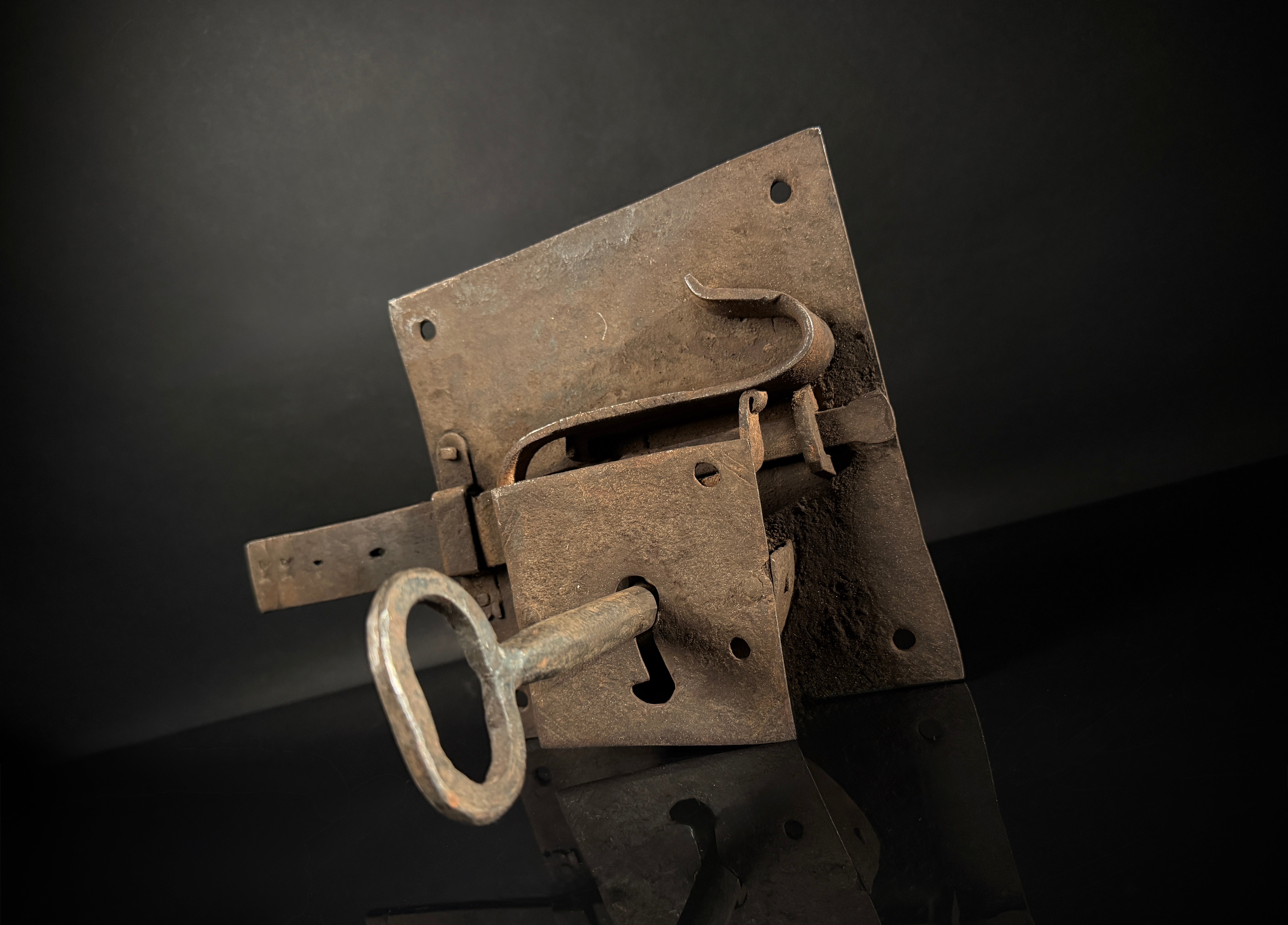 Antique Wrought Iron Rim Lock with Key – Hand-Forged British Door Lock, Medieval Style