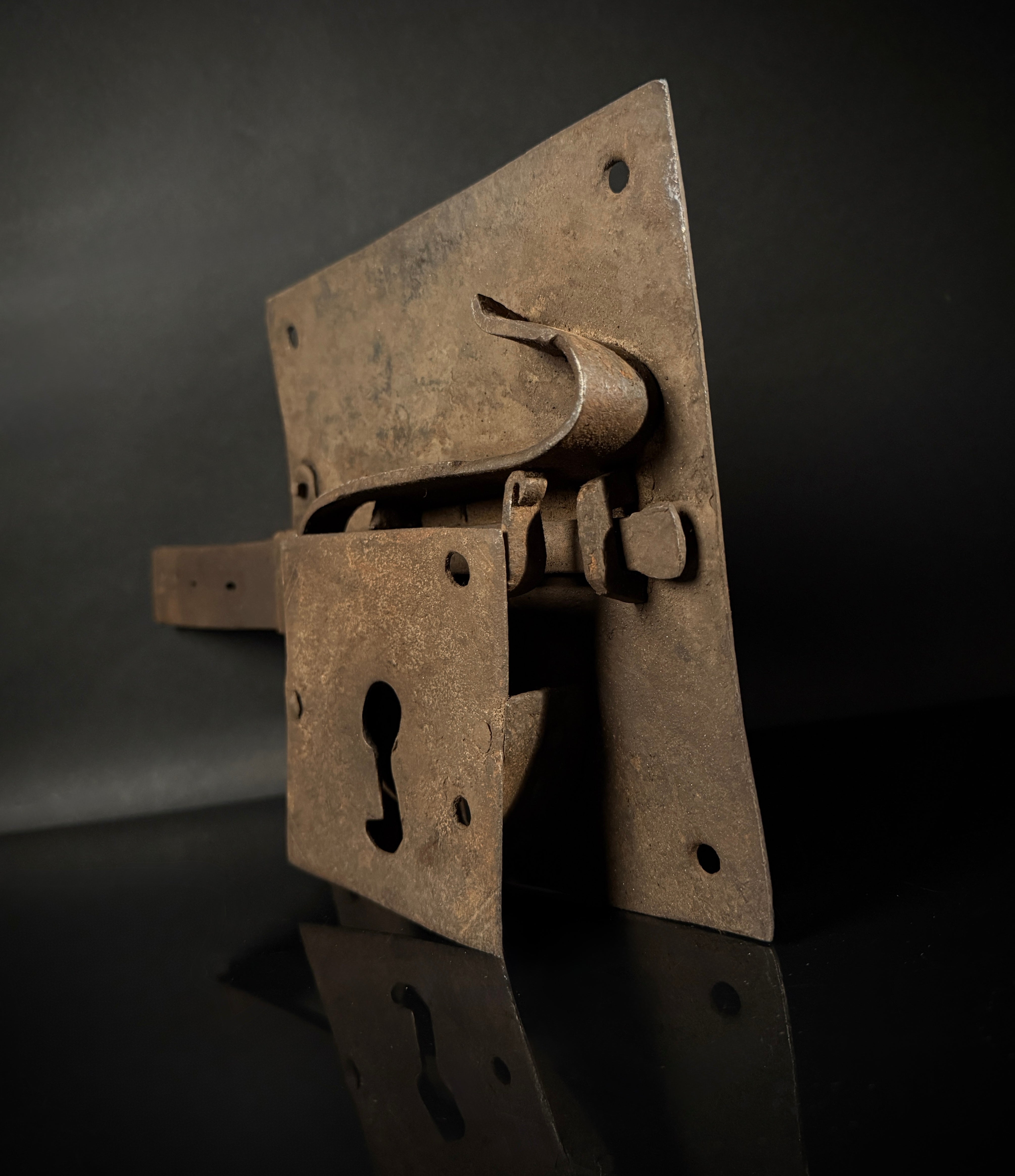 Antique Wrought Iron Rim Lock with Key – Hand-Forged British Door Lock, Medieval Style