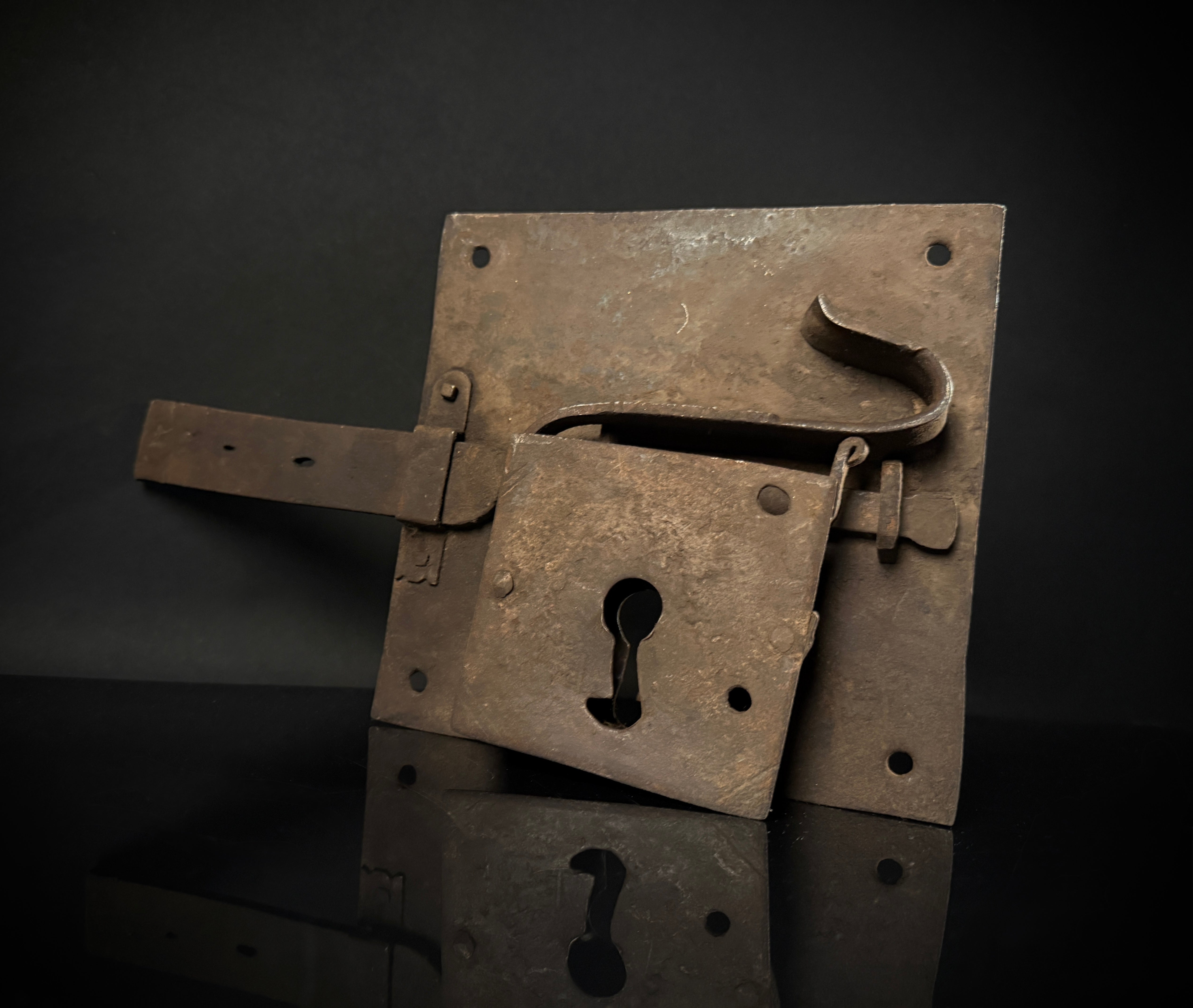 Antique Wrought Iron Rim Lock with Key – Hand-Forged British Door Lock, Medieval Style