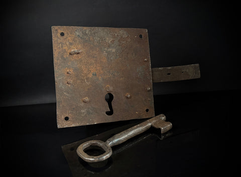 Antique Wrought Iron Rim Lock with Key – Hand-Forged British Door Lock, Medieval Style