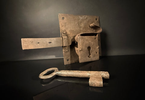 Antique Wrought Iron Rim Lock with Key – Hand-Forged British Door Lock, Medieval Style