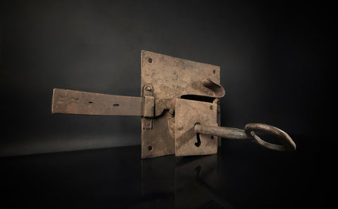Antique Wrought Iron Rim Lock with Key – Hand-Forged British Door Lock, Medieval Style