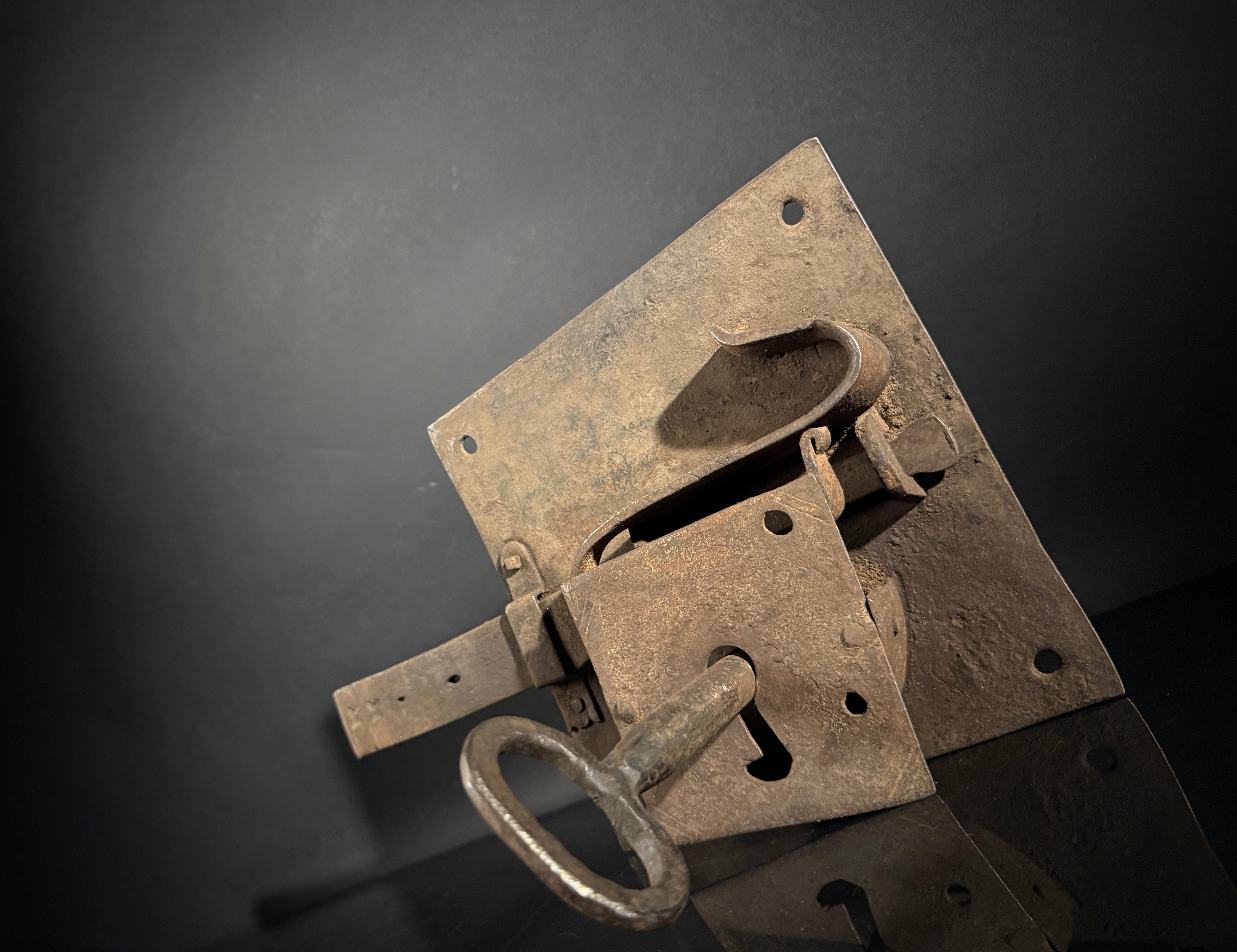 Antique Wrought Iron Rim Lock with Key – Hand-Forged British Door Lock, Medieval Style