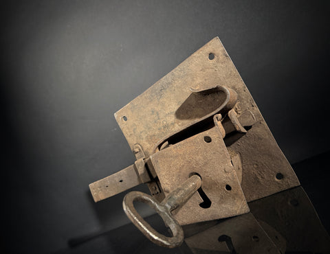 Antique Wrought Iron Rim Lock with Key – Hand-Forged British Door Lock, Medieval Style