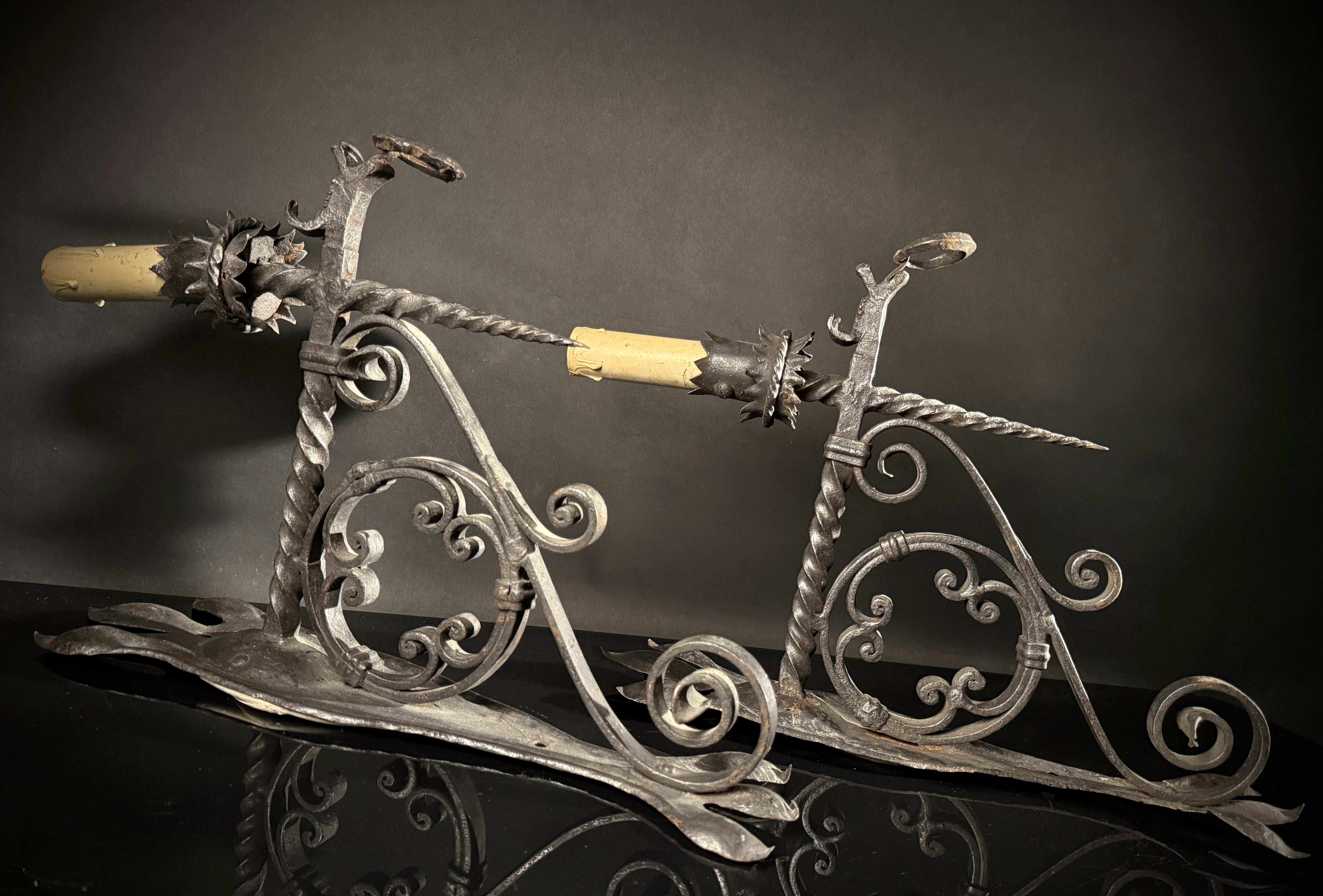Pair of Wrought Iron Gothic Wall Sconces – Hand-Forged Medieval Electric Candle Lights, Rustic Castle Torch Style