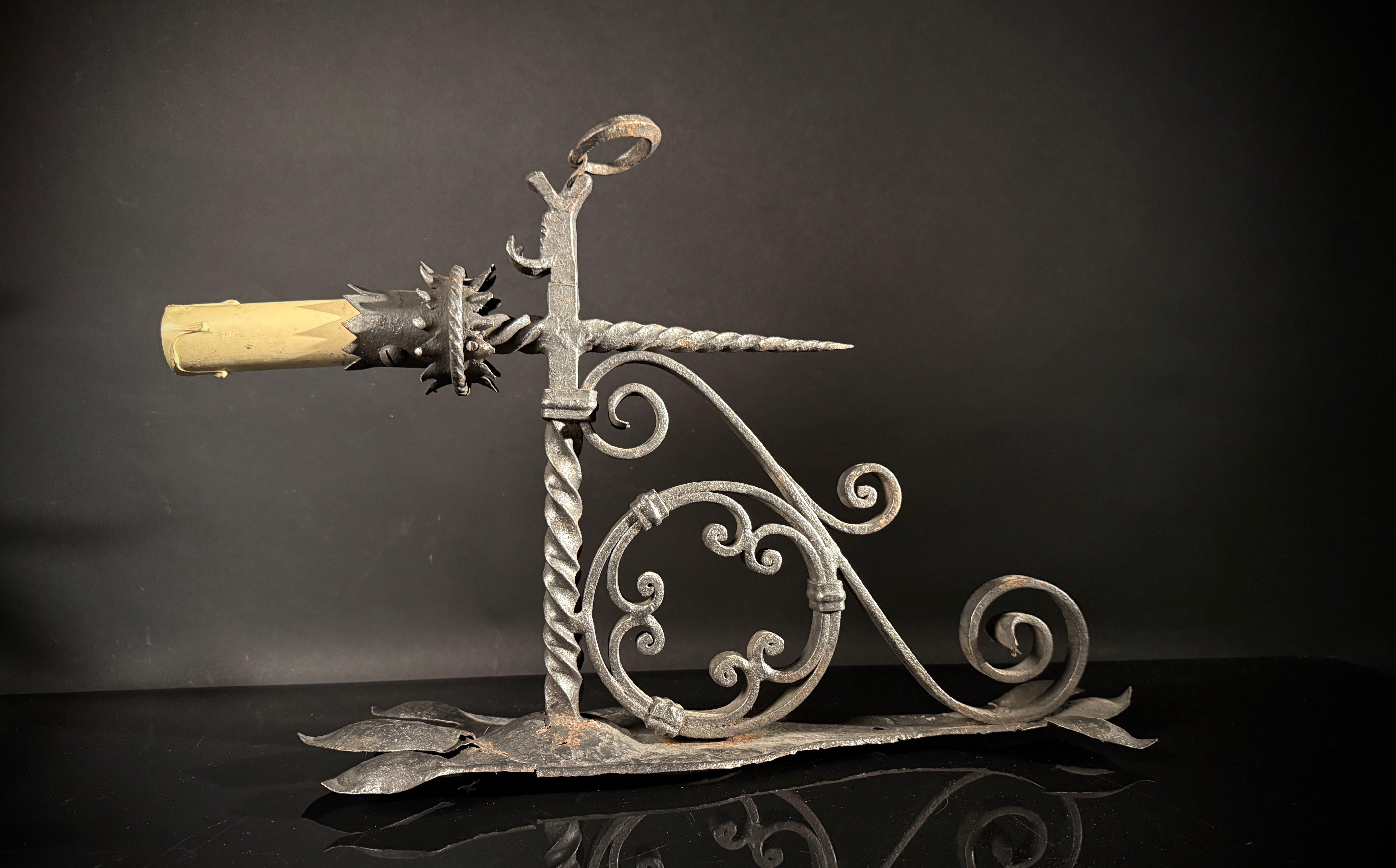 Pair of Wrought Iron Gothic Wall Sconces – Hand-Forged Medieval Electric Candle Lights, Rustic Castle Torch Style
