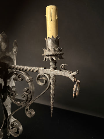 Pair of Wrought Iron Gothic Wall Sconces – Hand-Forged Medieval Electric Candle Lights, Rustic Castle Torch Style