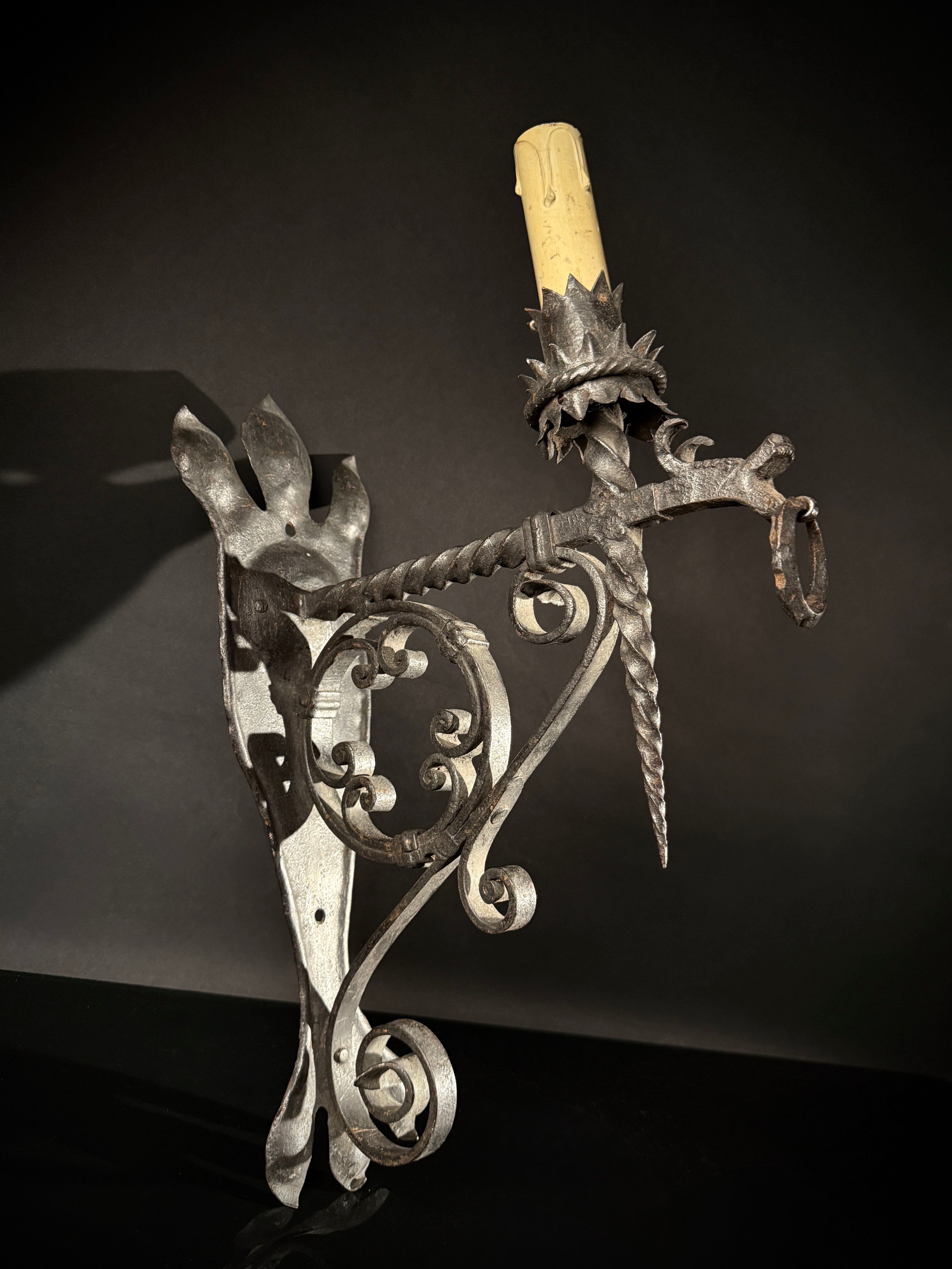 Pair of Wrought Iron Gothic Wall Sconces – Hand-Forged Medieval Electric Candle Lights, Rustic Castle Torch Style