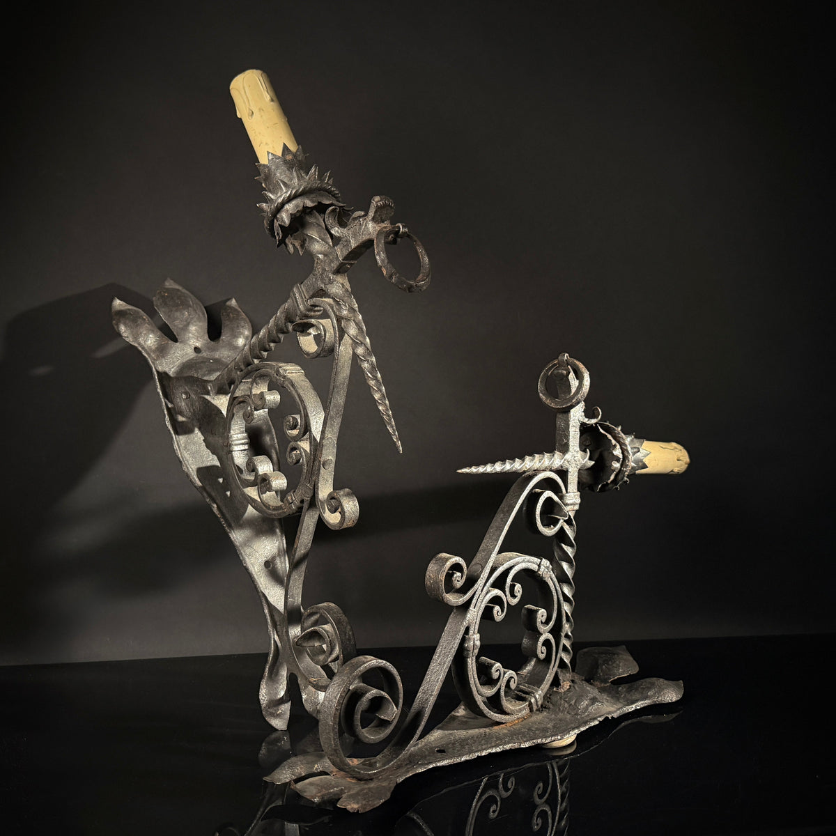 Pair of Wrought Iron Gothic Wall Sconces – Hand-Forged Medieval Electric Candle Lights, Rustic Castle Torch Style