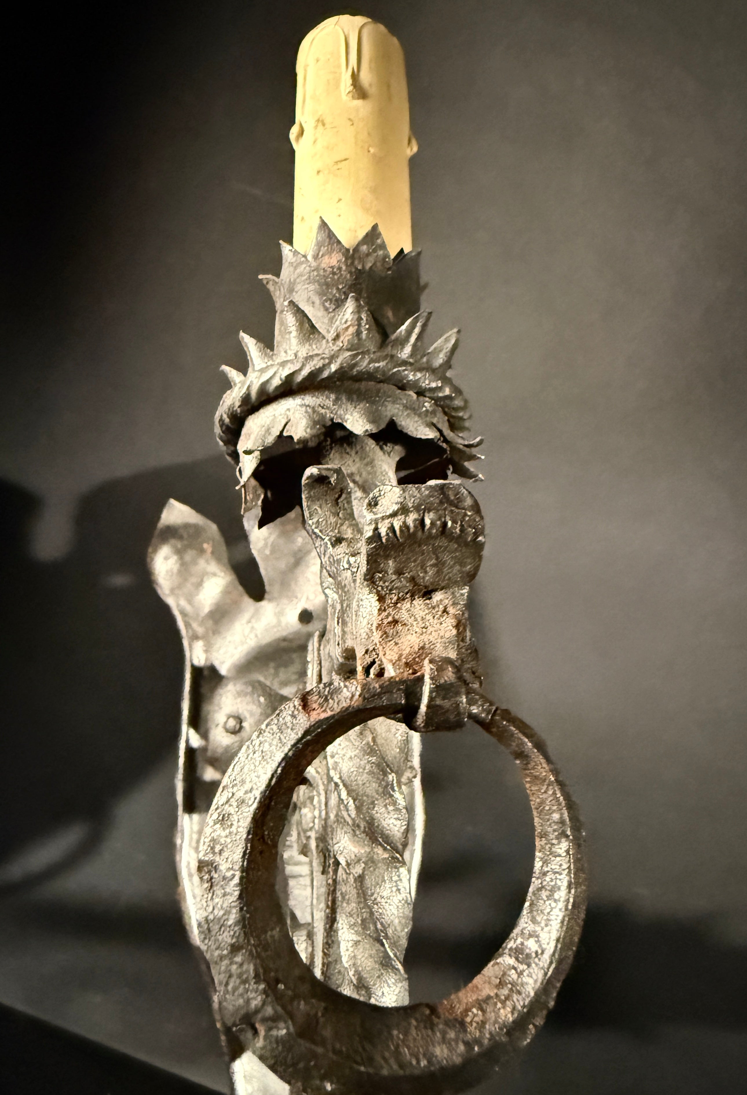 Pair of Wrought Iron Gothic Wall Sconces – Hand-Forged Medieval Electric Candle Lights, Rustic Castle Torch Style