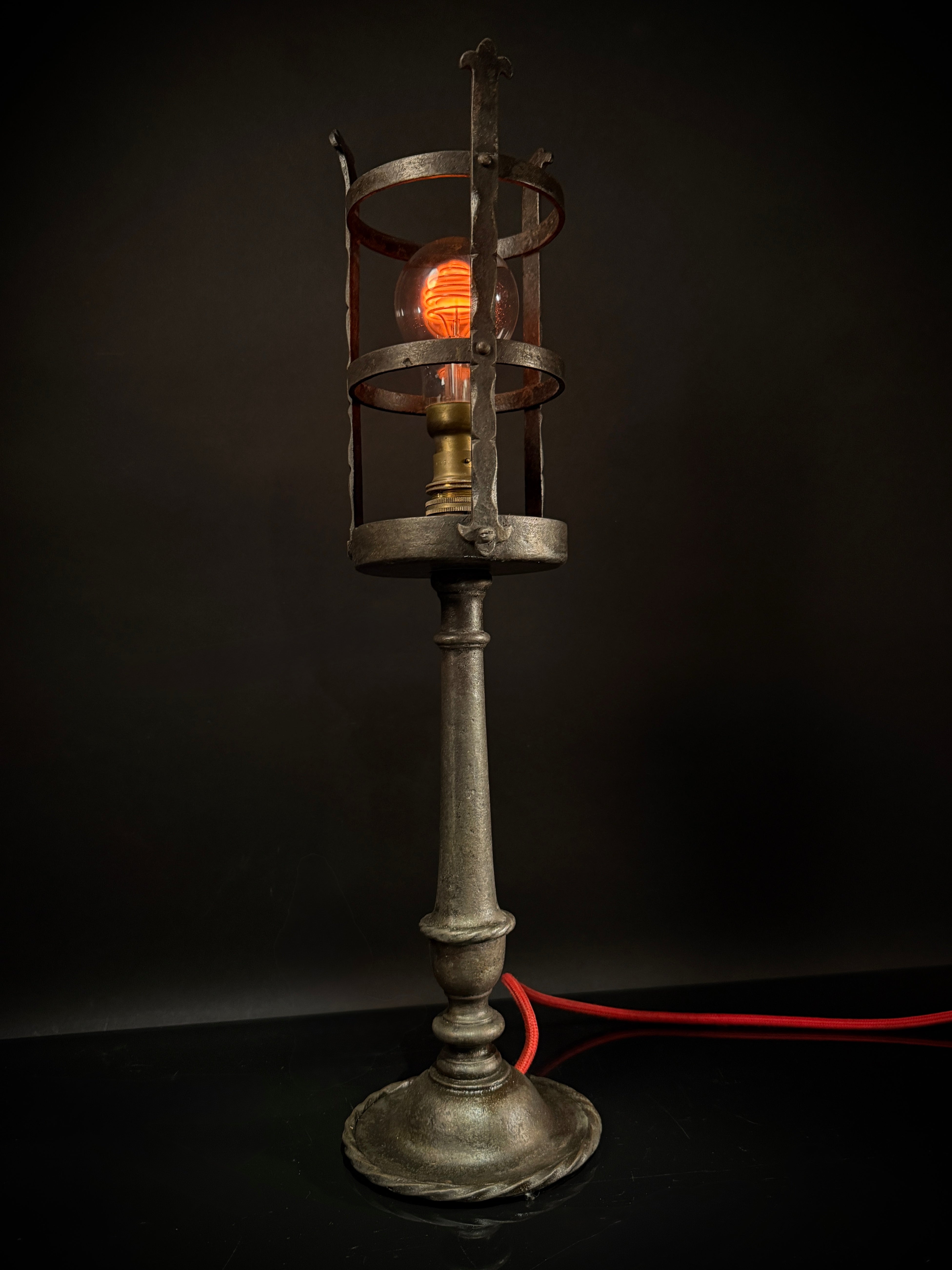 Hand-Forged Wrought Iron Gothic Table Lamp – Medieval Castle Torch Style with Brass Push-In Bulb Holder