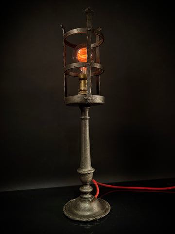 Hand-Forged Wrought Iron Gothic Table Lamp – Medieval Castle Torch Style with Brass Push-In Bulb Holder