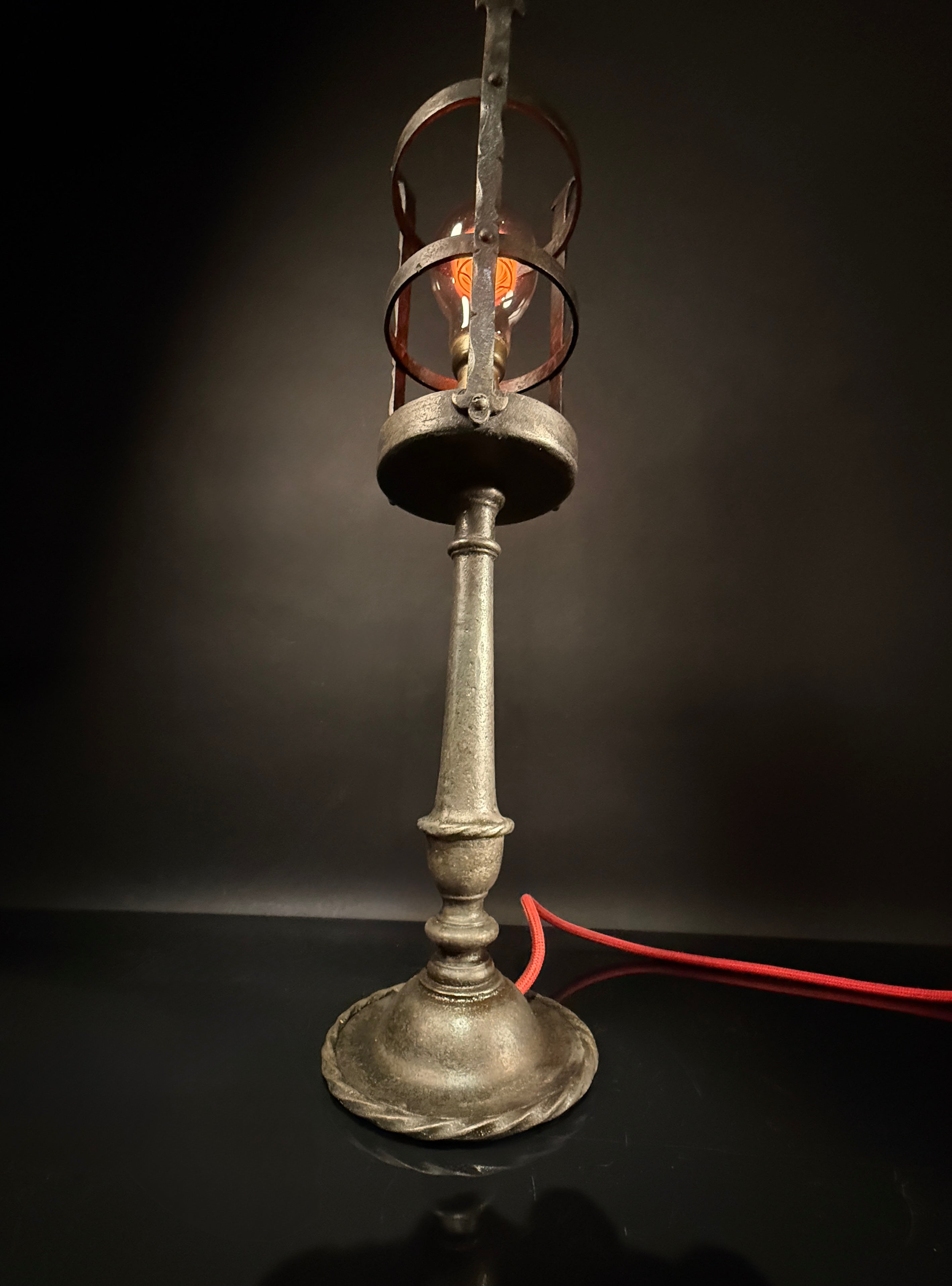Hand-Forged Wrought Iron Gothic Table Lamp – Medieval Castle Torch Style with Brass Push-In Bulb Holder