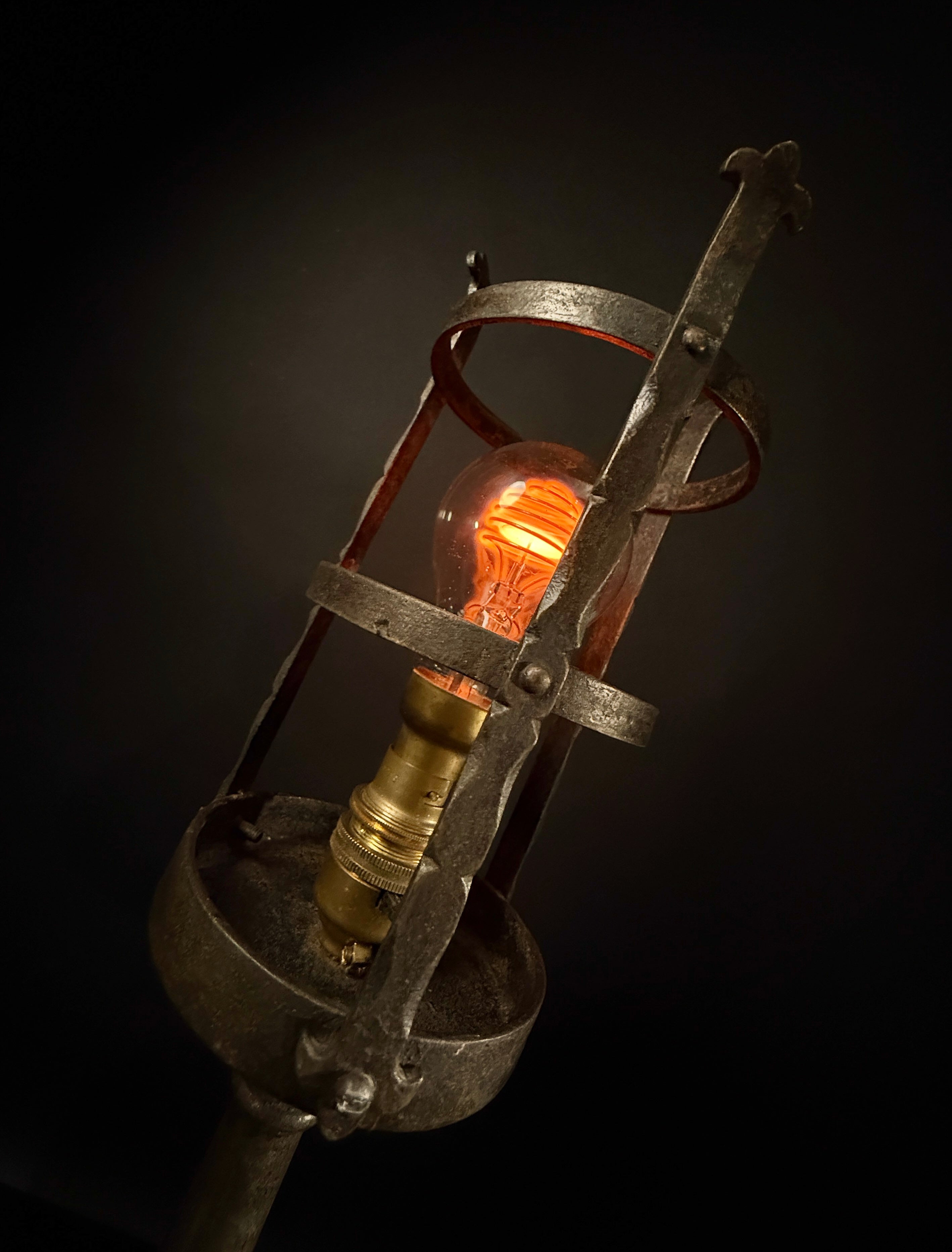Hand-Forged Wrought Iron Gothic Table Lamp – Medieval Castle Torch Style with Brass Push-In Bulb Holder