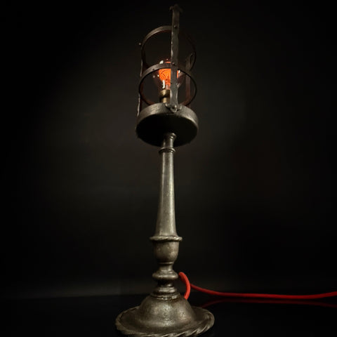Hand-Forged Wrought Iron Gothic Table Lamp – Medieval Castle Torch Style with Brass Push-In Bulb Holder