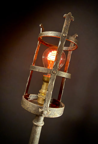 Hand-Forged Wrought Iron Gothic Table Lamp – Medieval Castle Torch Style with Brass Push-In Bulb Holder