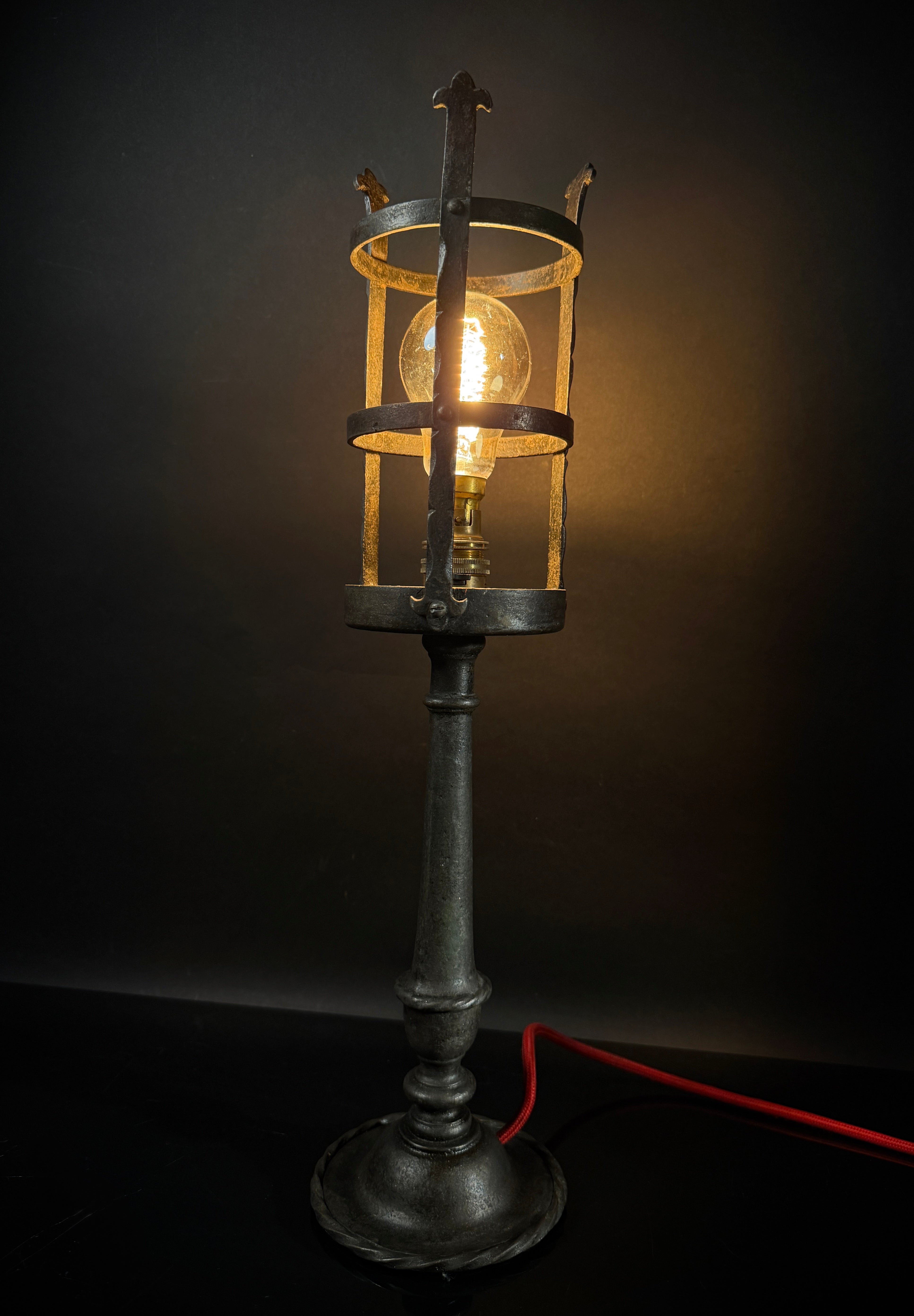 Hand-Forged Wrought Iron Gothic Table Lamp – Medieval Castle Torch Style with Brass Push-In Bulb Holder