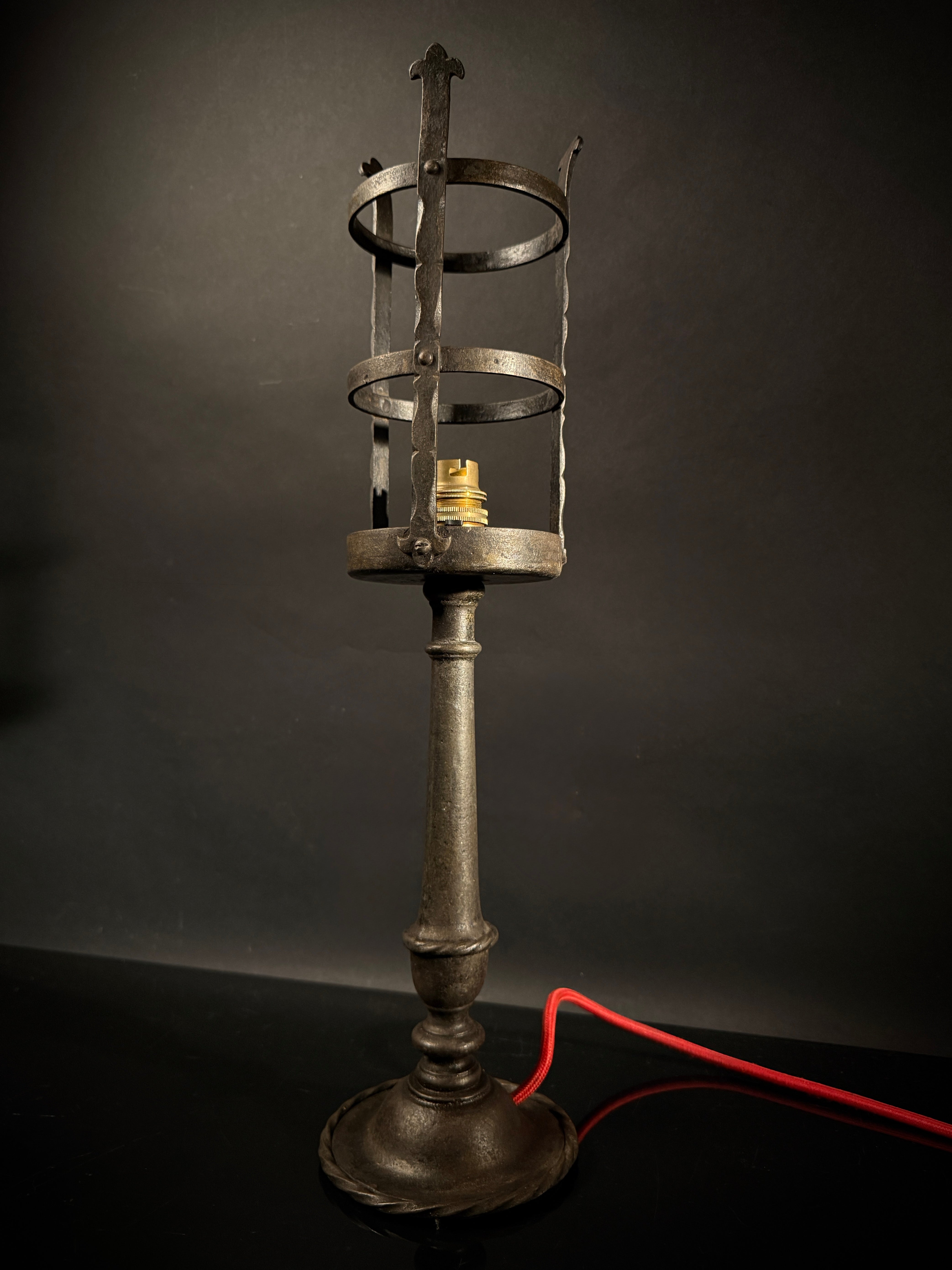 Hand-Forged Wrought Iron Gothic Table Lamp – Medieval Castle Torch Style with Brass Push-In Bulb Holder