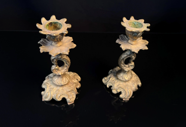 Pair Antique Brass Candlesticks  |  French Rococo Style