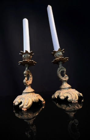 Pair Antique Brass Candlesticks  |  French Rococo Style