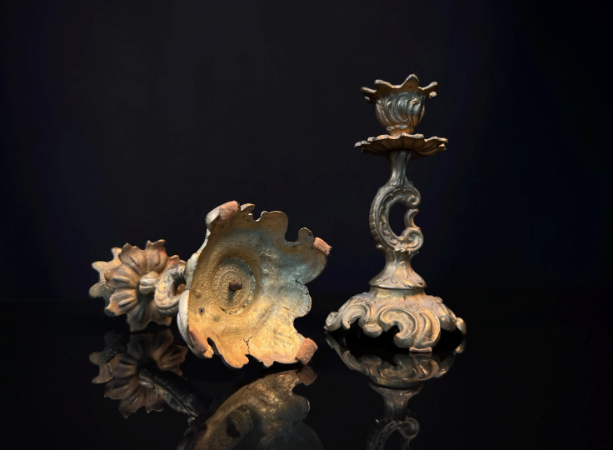 Pair Antique Brass Candlesticks  |  French Rococo Style
