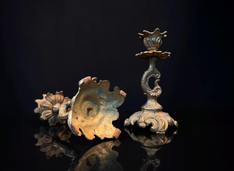 Pair Antique Brass Candlesticks  |  French Rococo Style