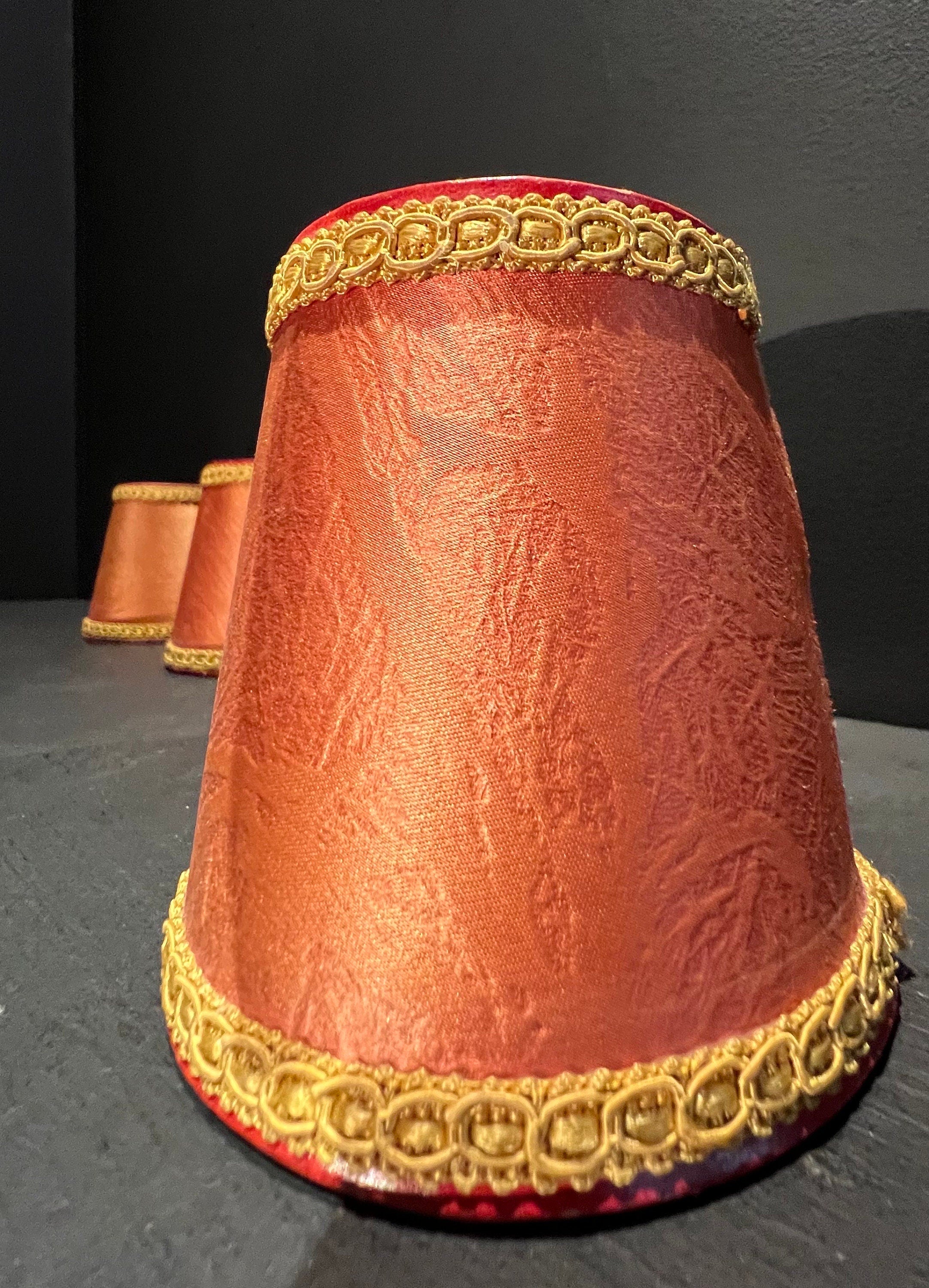 Set 3 Vintage Silk Clip On Lamp Shades Orangey Red with Gold Trim
