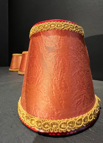 Set 3 Vintage Silk Clip On Lamp Shades Orangey Red with Gold Trim