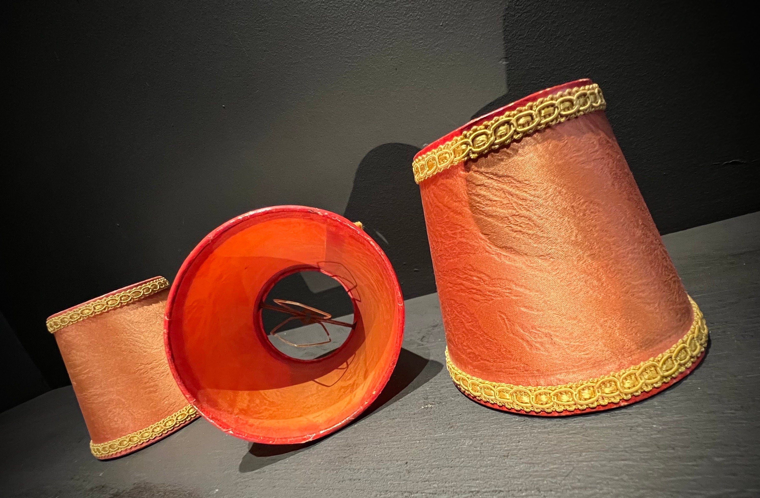 Set 3 Vintage Silk Clip On Lamp Shades Orangey Red with Gold Trim