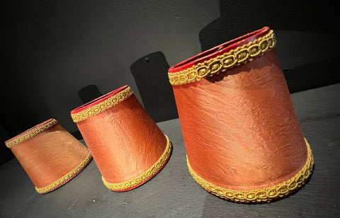Set 3 Vintage Silk Clip On Lamp Shades Orangey Red with Gold Trim